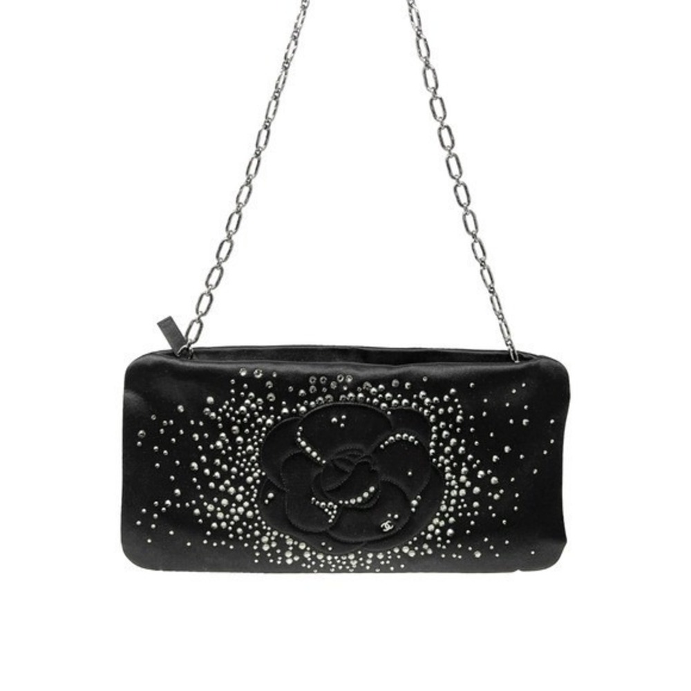 Chanel Black Satin Camellia Crystal Clutch Chain Evening Bag
